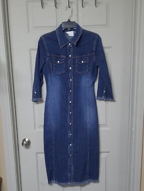 Fairweathwer Vintage Denim Button-Front Dress Blue Fringed Flap-Pockets Size 9